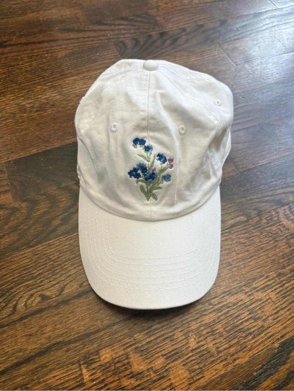 Brandy Melville White Cap with Blue Floral Embroidery